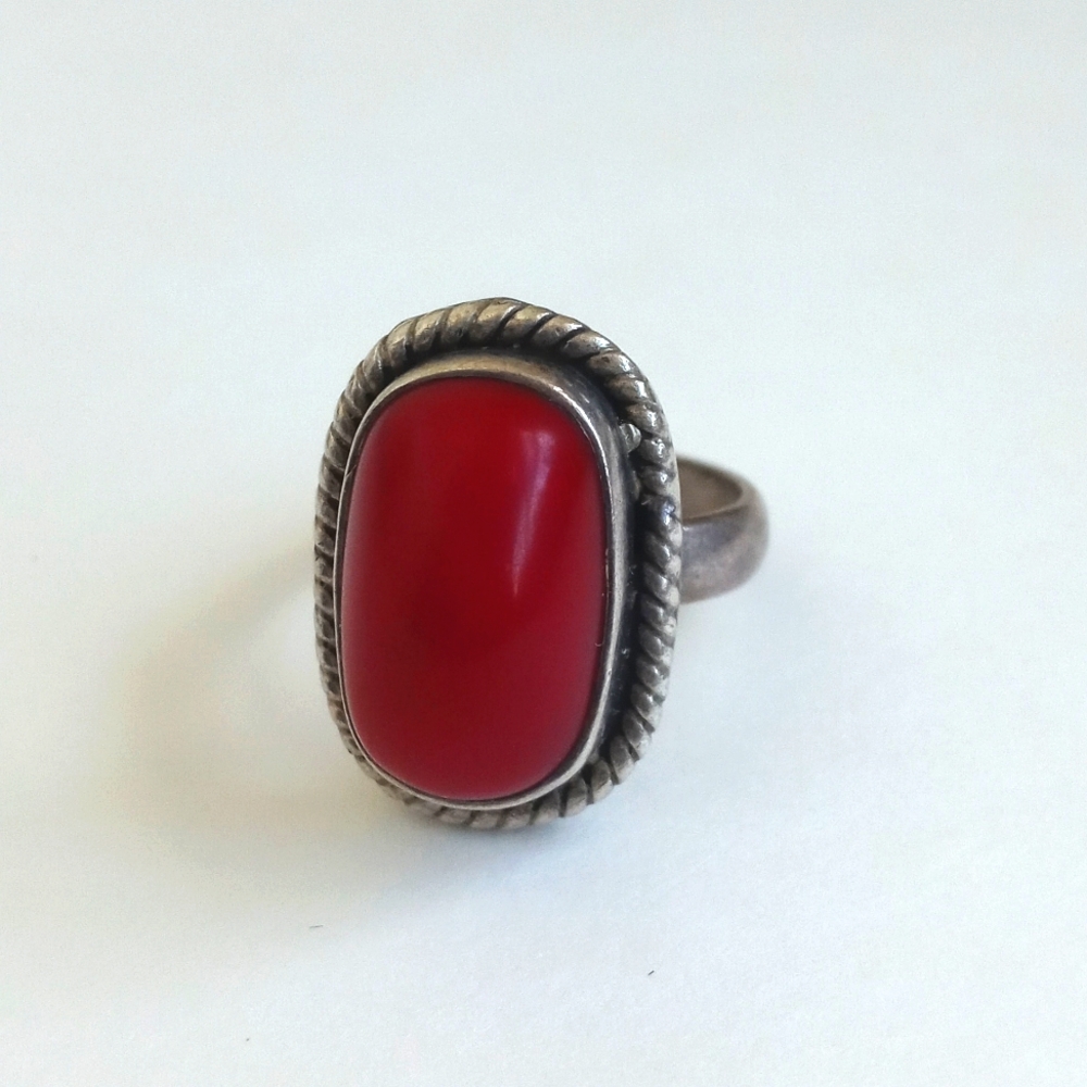 Vintage Red Coral Gemstone 925 Sterling Silver Ring from India Size 7 - Picture 8 of 16